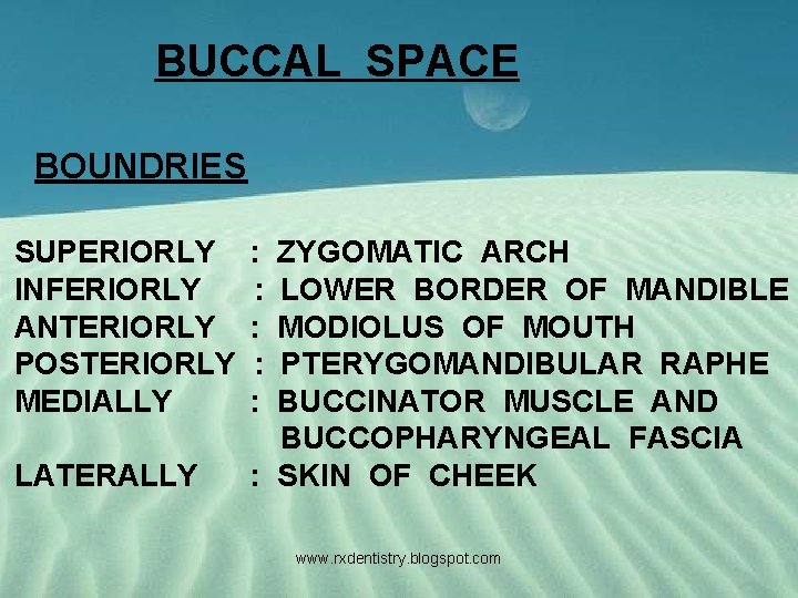 BUCCAL SPACE BOUNDRIES SUPERIORLY INFERIORLY ANTERIORLY POSTERIORLY MEDIALLY LATERALLY : : : ZYGOMATIC ARCH
