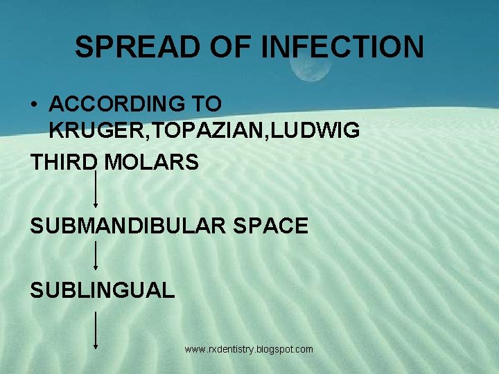 SPREAD OF INFECTION • ACCORDING TO KRUGER, TOPAZIAN, LUDWIG THIRD MOLARS SUBMANDIBULAR SPACE SUBLINGUAL