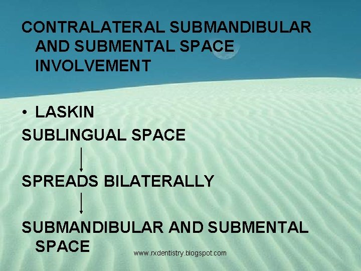 CONTRALATERAL SUBMANDIBULAR AND SUBMENTAL SPACE INVOLVEMENT • LASKIN SUBLINGUAL SPACE SPREADS BILATERALLY SUBMANDIBULAR AND