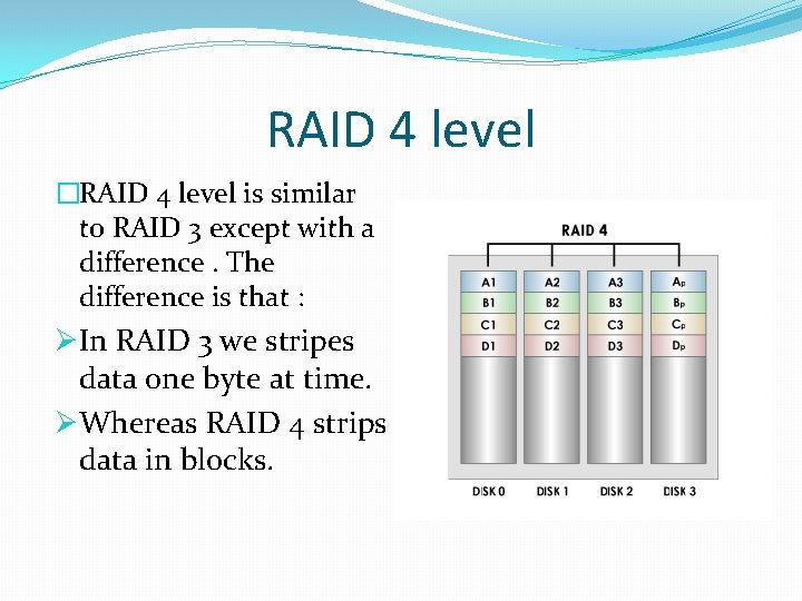 RAID 4 level �RAID 4 level is similar to RAID 3 except with a
