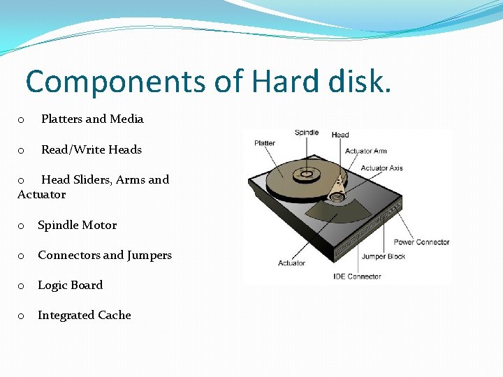 Components of Hard disk. o Platters and Media o Read/Write Heads o Head Sliders,