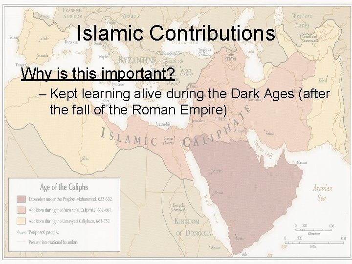 Islamic Contributions Why is this important? – Kept learning alive during the Dark Ages