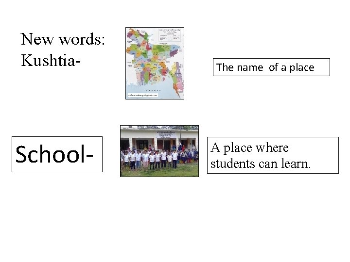 New words: Kushtia- School- The name of a place A place where students can