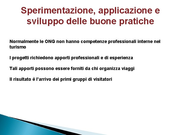 Sperimentazione, applicazione e sviluppo delle buone pratiche Normalmente le ONG non hanno competenze professionali