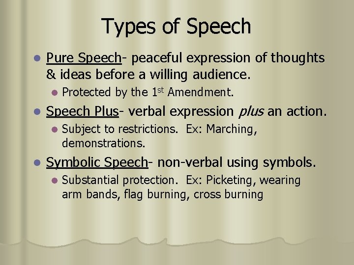 Types of Speech l Pure Speech- peaceful expression of thoughts & ideas before a Types of Speech l Pure Speech- peaceful expression of thoughts & ideas before a