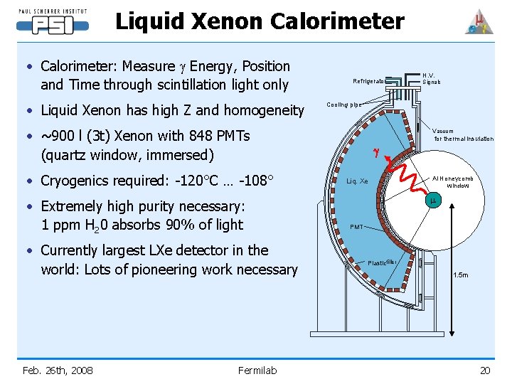 Liquid Xenon Calorimeter • Calorimeter: Measure g Energy, Position and Time through scintillation light