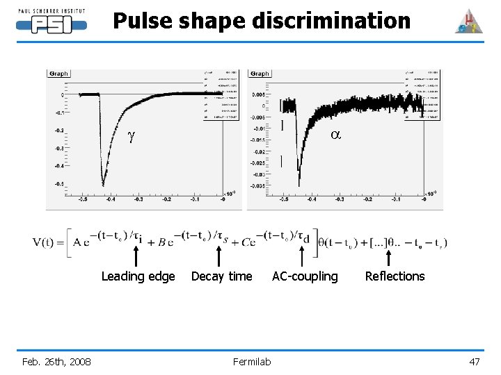 Pulse shape discrimination a g Leading edge Feb. 26 th, 2008 Decay time Fermilab