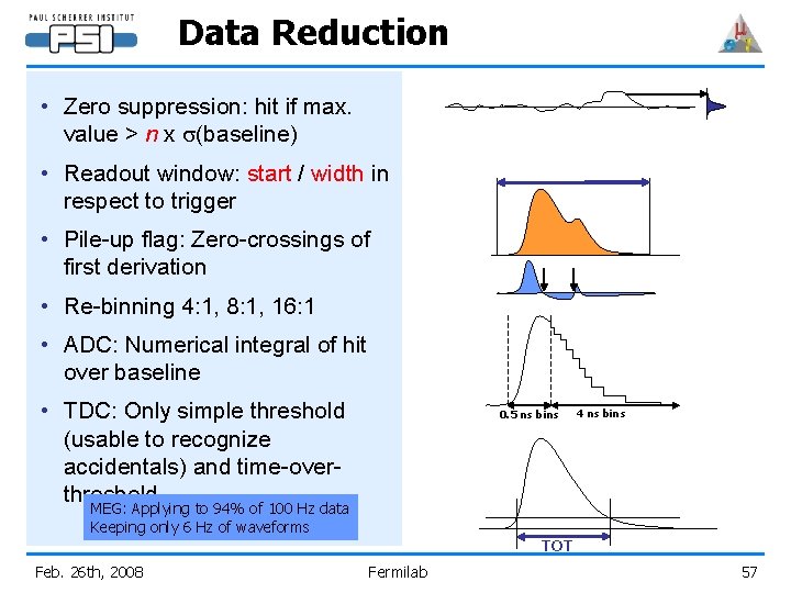 Data Reduction • Zero suppression: hit if max. value > n x s(baseline) •