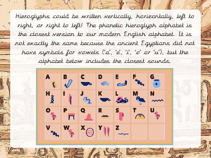 Hieroglyphs could be written vertically, horizontally, left to right, or right to left! The