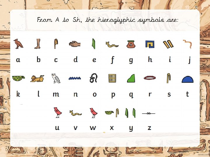 From A to Sh, the hieroglyphic symbols are: 