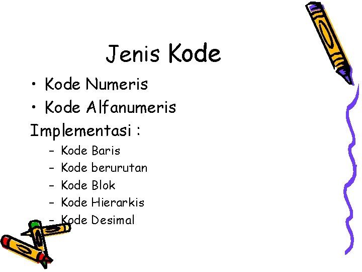 Jenis Kode • Kode Numeris • Kode Alfanumeris Implementasi : – – – Kode