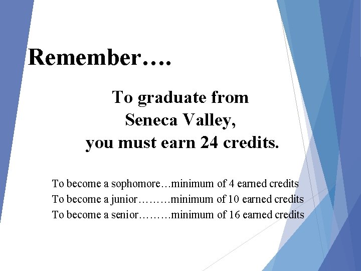 Remember…. To graduate from Seneca Valley, you must earn 24 credits. To become a