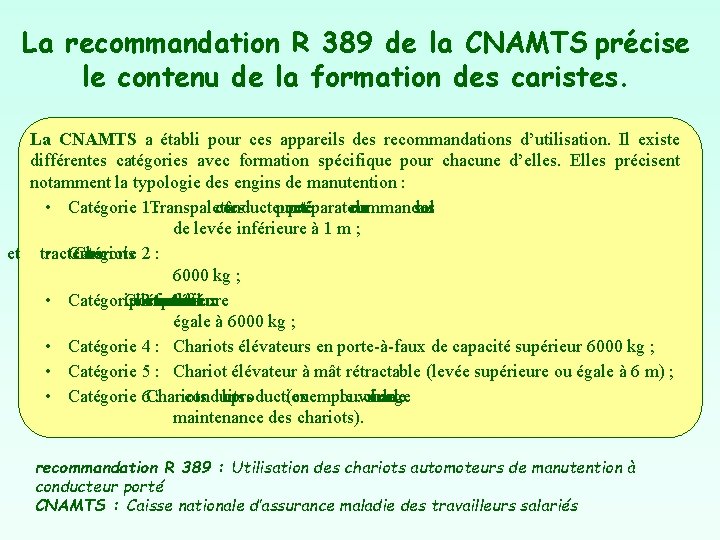 La recommandation R 389 de la CNAMTS précise le contenu de la formation des