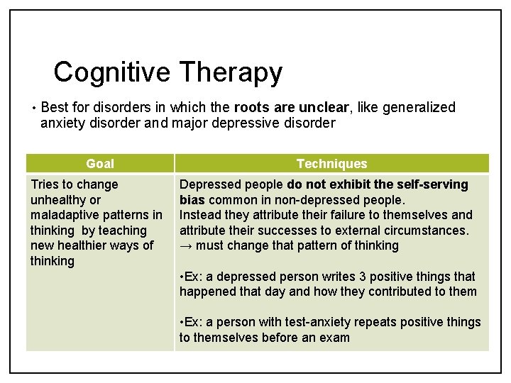 Cognitive Therapy • Best for disorders in which the roots are unclear, like generalized