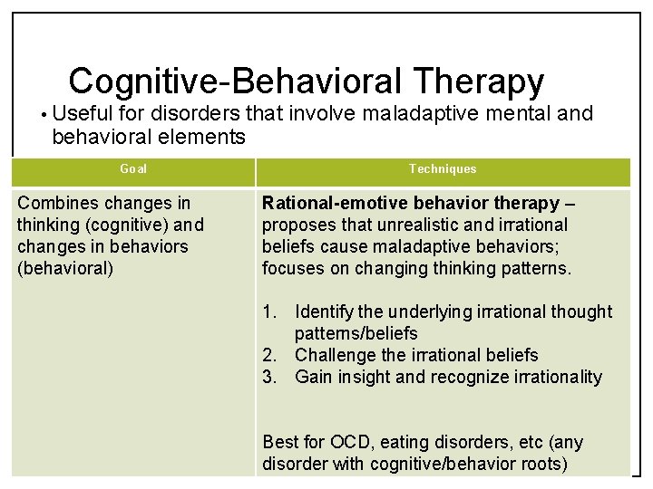 Cognitive-Behavioral Therapy • Useful for disorders that involve maladaptive mental and behavioral elements Goal