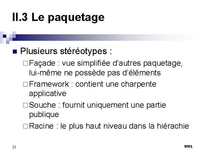 II. 3 Le paquetage n Plusieurs stéréotypes : ¨ Façade : vue simplifiée d’autres