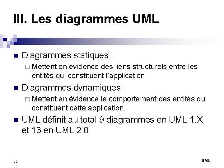 III. Les diagrammes UML n Diagrammes statiques : ¨ Mettent en évidence des liens