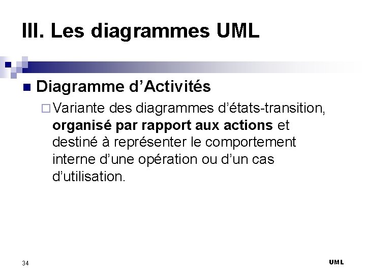 III. Les diagrammes UML n Diagramme d’Activités ¨ Variante des diagrammes d’états-transition, organisé par