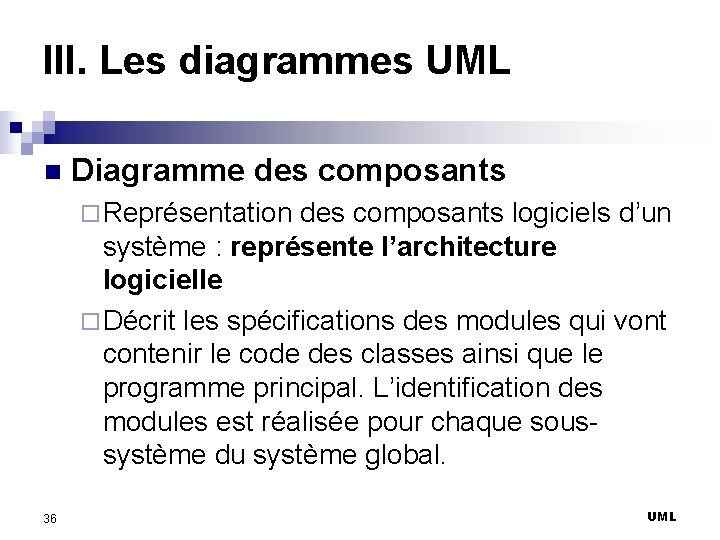 III. Les diagrammes UML n Diagramme des composants ¨ Représentation des composants logiciels d’un