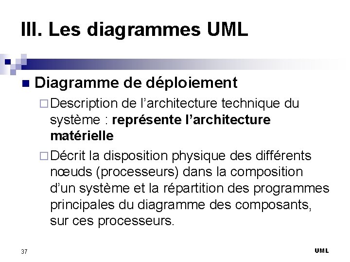 III. Les diagrammes UML n Diagramme de déploiement ¨ Description de l’architecture technique du