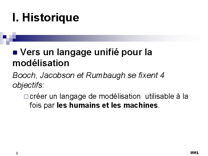 I. Historique Vers un langage unifié pour la modélisation n Booch, Jacobson et Rumbaugh