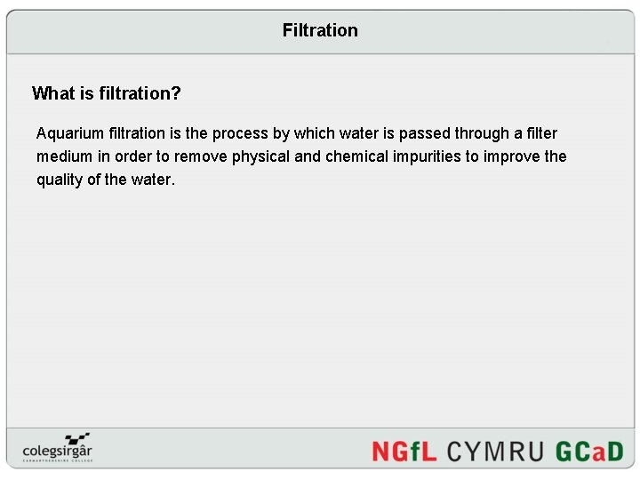 Filtration What is filtration? Aquarium filtration is the process by which water is passed