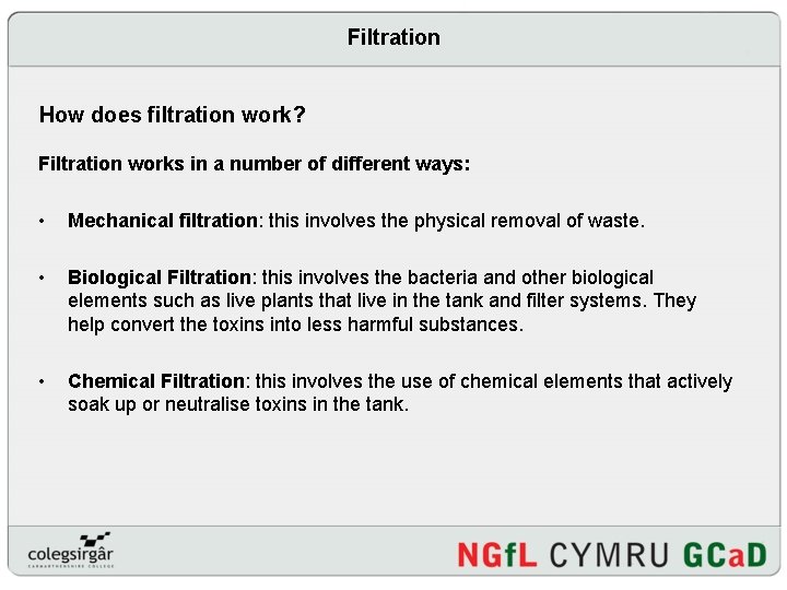 Filtration How does filtration work? Filtration works in a number of different ways: •