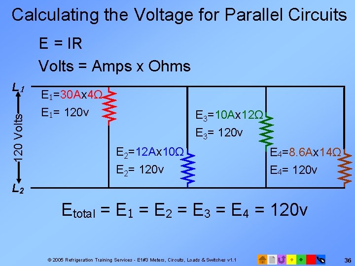 Calculating the Voltage for Parallel Circuits E = IR Volts = Amps x Ohms