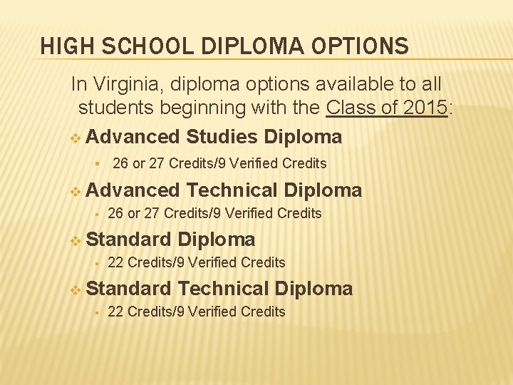 HIGH SCHOOL DIPLOMA OPTIONS In Virginia, diploma options available to all students beginning with
