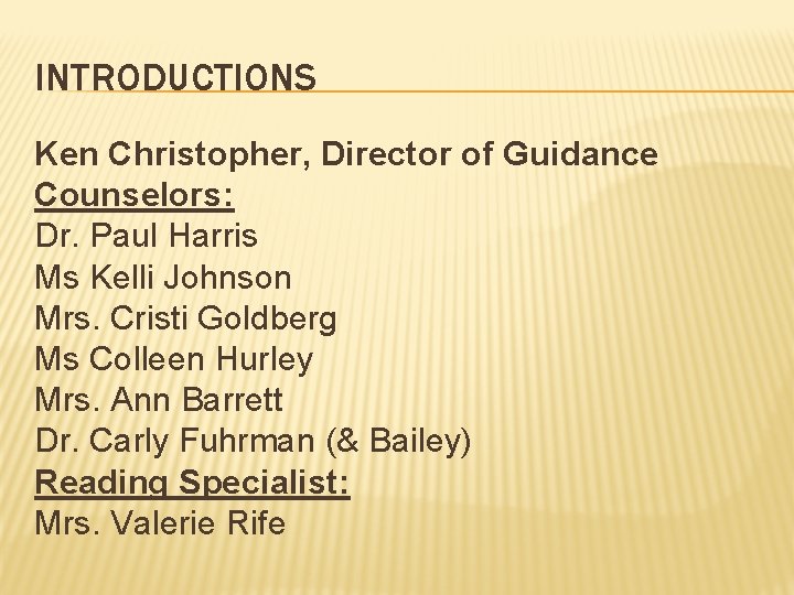INTRODUCTIONS Ken Christopher, Director of Guidance Counselors: Dr. Paul Harris Ms Kelli Johnson Mrs.