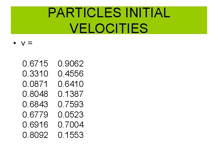 PARTICLES INITIAL VELOCITIES • v= 0. 6715 0. 3310 0. 0871 0. 8048 0.