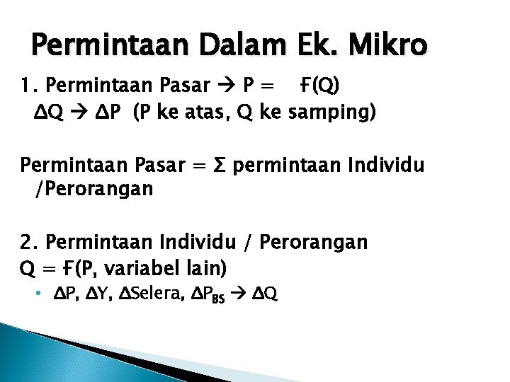 Permintaan Dalam Ek. Mikro 1. Permintaan Pasar P = Ғ(Q) ΔQ ΔP (P ke