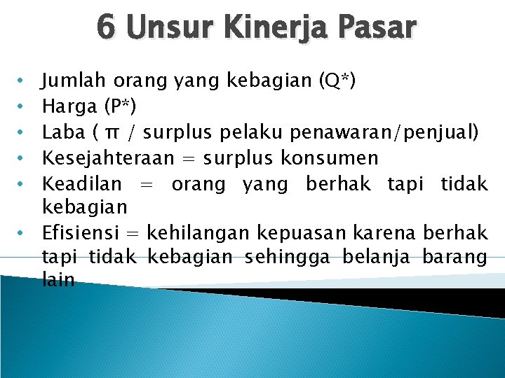 6 Unsur Kinerja Pasar Jumlah orang yang kebagian (Q*) Harga (P*) Laba ( π