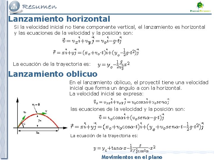 Lanzamiento horizontal Si la velocidad inicial no tiene componente vertical, el lanzamiento es horizontal