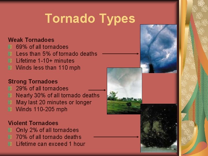 Tornado Types Weak Tornadoes 69% of all tornadoes Less than 5% of tornado deaths