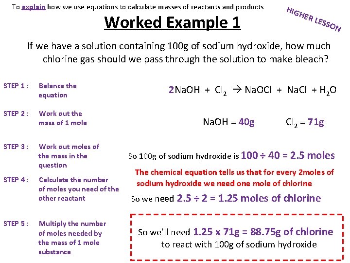 To explain how we use equations to calculate masses of reactants and products Worked