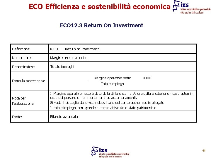 ECO Efficienza e sostenibilità economica ECO 12. 3 Return On Investment Definizione: R. O.