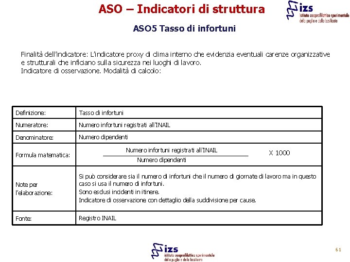 ASO – Indicatori di struttura ASO 5 Tasso di infortuni Finalità dell’indicatore: L’indicatore proxy
