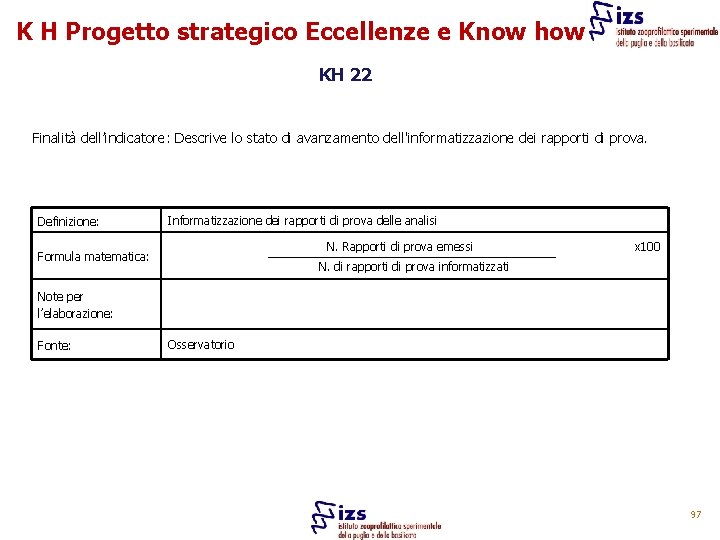 K H Progetto strategico Eccellenze e Know how KH 22 Finalità dell’indicatore: Descrive lo