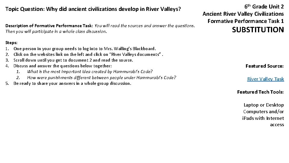 Topic Question: Why did ancient civilizations develop in River Valleys? Description of Formative Performance