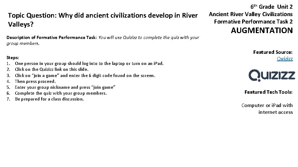 Topic Question: Why did ancient civilizations develop in River Valleys? Description of Formative Performance