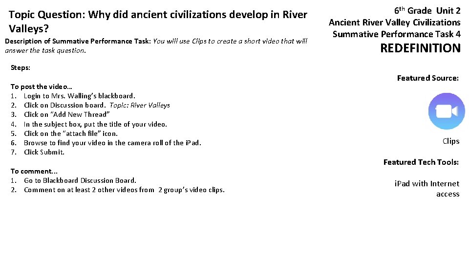 Topic Question: Why did ancient civilizations develop in River Valleys? Description of Summative Performance