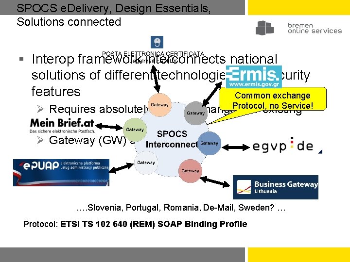 SPOCS e. Delivery, Design Essentials, Solutions connected § Interop framework interconnects national solutions of