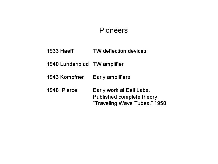 Pioneers 1933 Haeff TW deflection devices 1940 Lundenblad TW amplifier 1943 Kompfner Early amplifiers