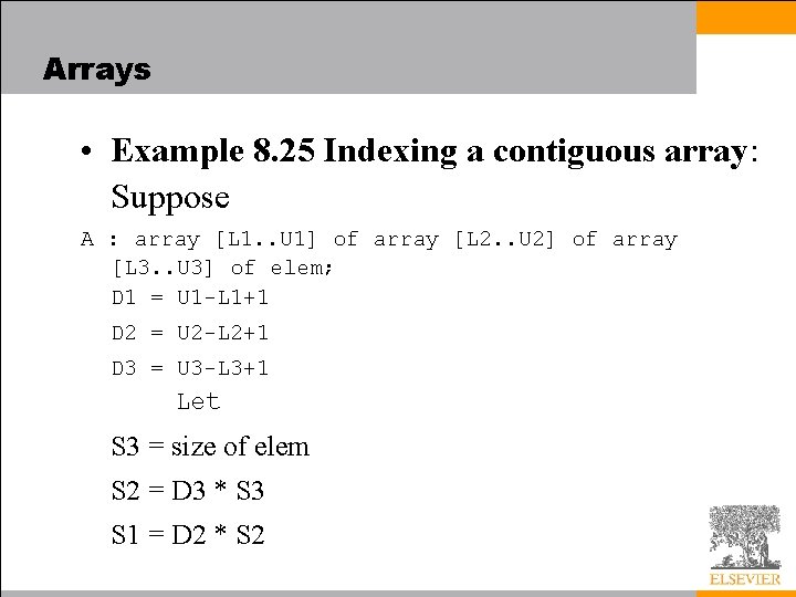 Arrays • Example 8. 25 Indexing a contiguous array: Suppose A : array [L