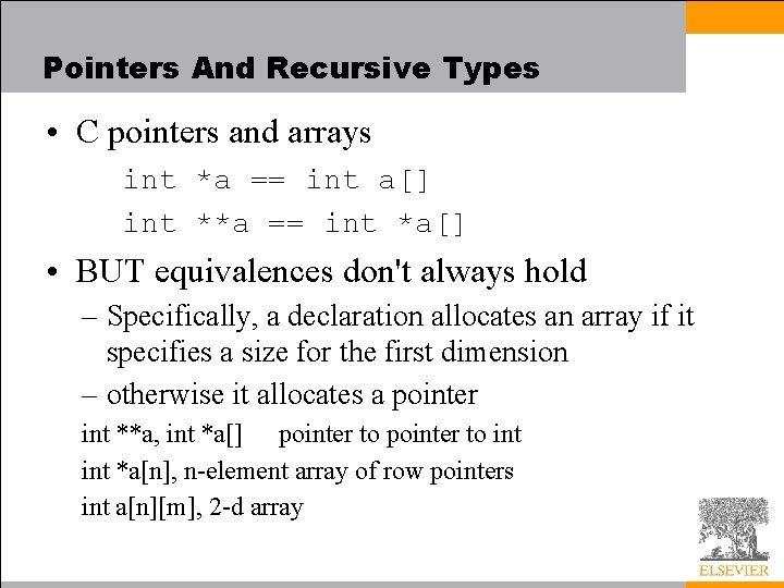 Pointers And Recursive Types • C pointers and arrays int *a == int a[]