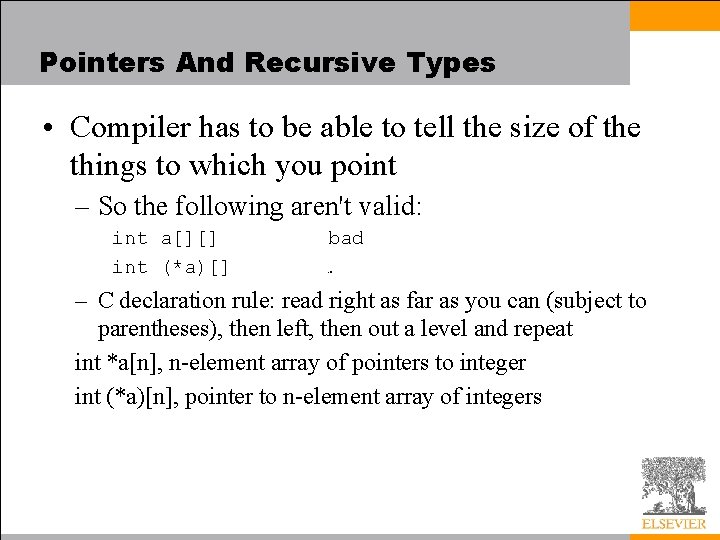 Pointers And Recursive Types • Compiler has to be able to tell the size