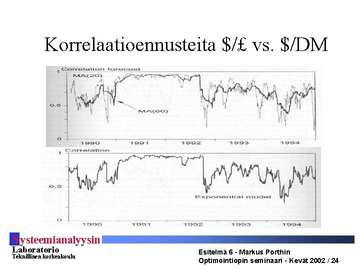 Korrelaatioennusteita $/£ vs. $/DM S ysteemianalyysin Laboratorio Teknillinen korkeakoulu Esitelmä 6 - Markus Porthin