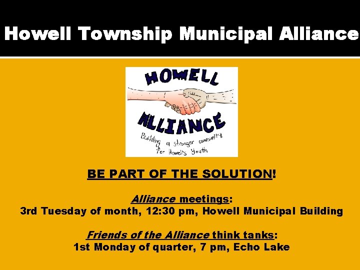 Howell Township Municipal Alliance BE PART OF THE SOLUTION! Alliance meetings: 3 rd Tuesday
