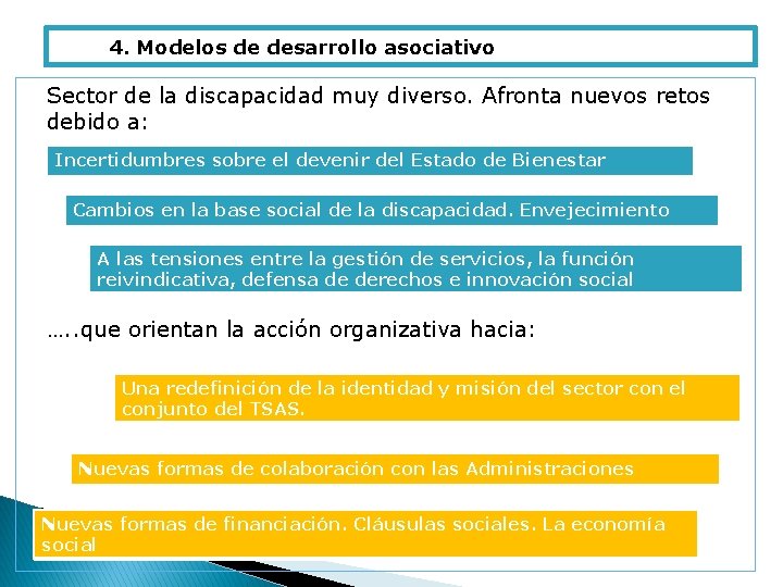 4. Modelos de desarrollo asociativo Sector de la discapacidad muy diverso. Afronta nuevos retos